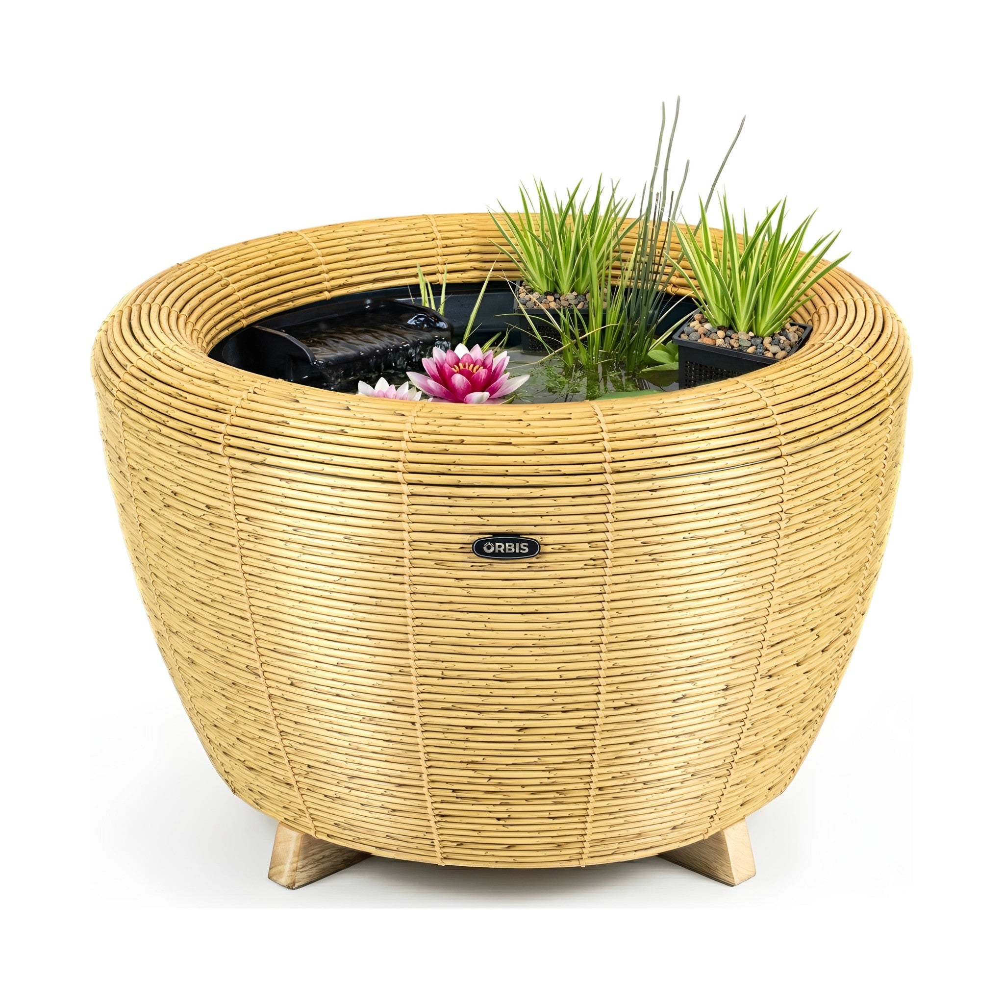 Velda Orbis Mini-Teich mit Wasserfall und passender Orbis Planter auf der Terrasse